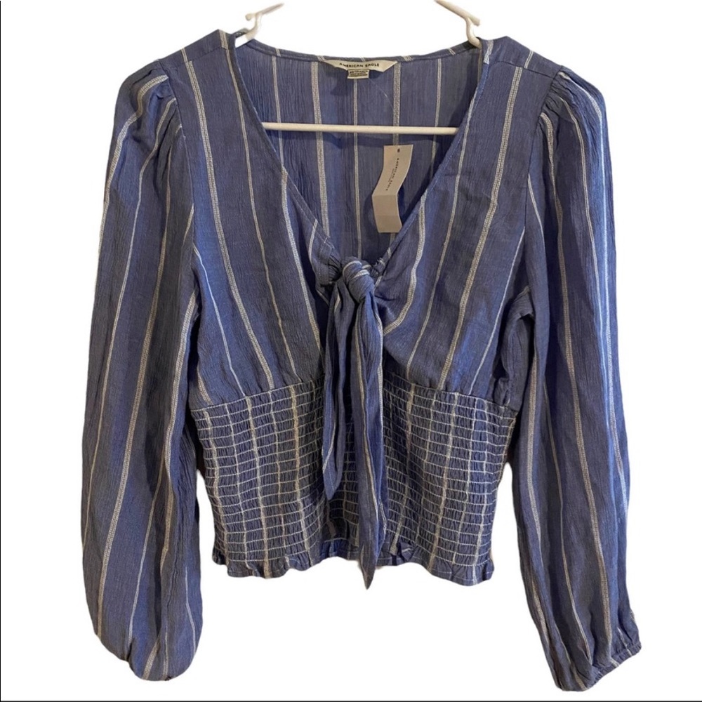 American Eagle Blue White Stripe Smocked
Tie Front Blouse Size Med